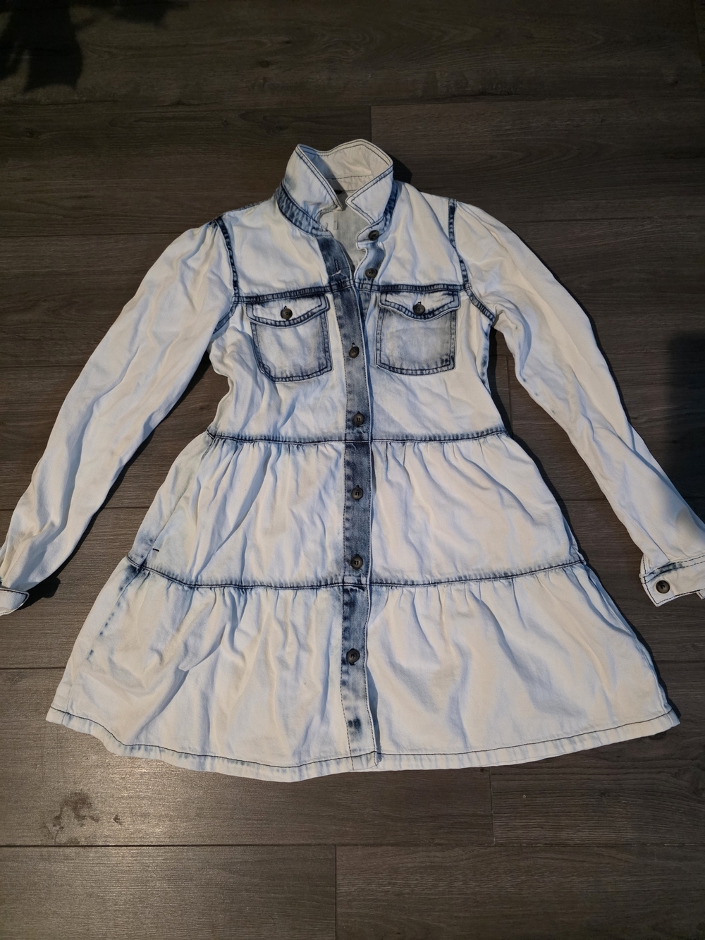 Free People Light Blue Faded Denim Tiered Button-Front Jacket Dress